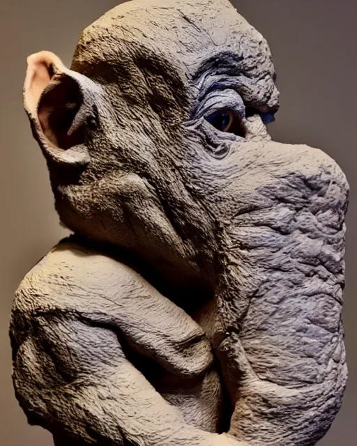 Image similar to 'an encyclopedia page with a picture of a clay sculpture of a goblin' clay sculpture, photograph, zoomed out, zoomed out, zoomed out