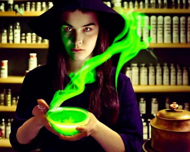 Prompt: close up portrait, dramatic lighting, concentration, calm confident teen witch and her cat mixing a spell in a cauldron, a little smoke fills the air, a witch hat, a little green smoke is coming out of the cauldron, ingredients on the table, apothecary shelves in the background, still from nickelodeon show