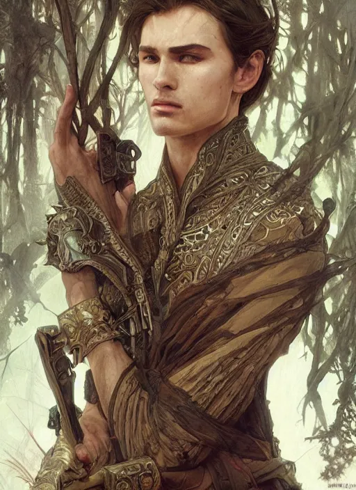 Image similar to intricate detailed portrait painting of a male fantasy ranger, old mystic ruins, afternoon, intricate, elegant, highly detailed, digital painting, sharp, focus, illustration art by artgerm and greg rutkowski and alphonse mucha