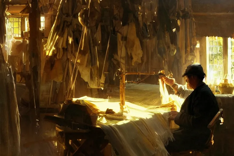 Image similar to oil painting of weaver working on a beautiful piece of fabric in their workshop, art by anders zorn, wonderful masterpiece by greg rutkowski, beautiful cinematic light, american romanticism by greg manchess, jessica rossier and norman rockwell