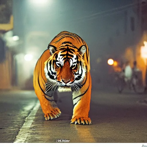 Prompt: DSLR photograph, magazine cover photograph of a tiger smoking a cigarette in Dhaka at night, foggy