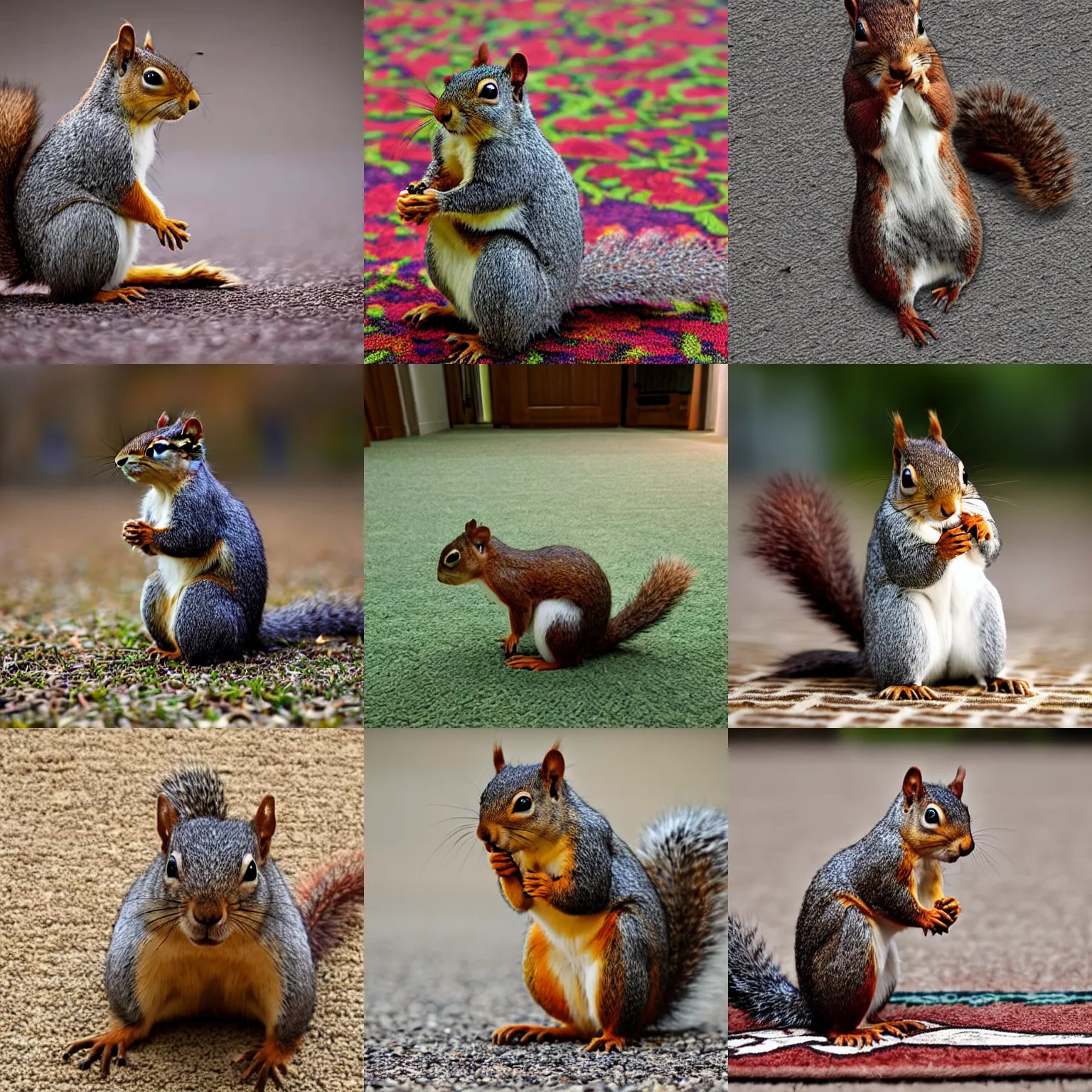 Prompt: Squirrel praying to Allah on a carpet, award-winning photography