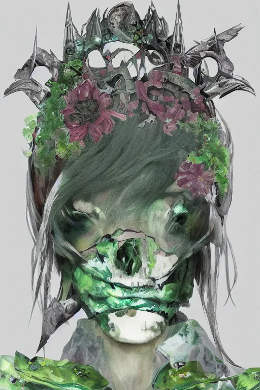 Image similar to portrait of beautiful young mainem, warhammer, japaneese style, cyber armor, a lot of more scars, more and more flowers, green head, the middle ages, highly detailed, artstation, illustration, art by rene magritte, 8 k quality