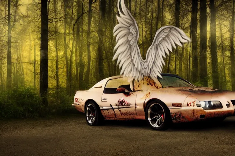 Image similar to pontiac firebird with grafitti tag on side, angelic wings attached to top of the roof, dramatic, cinematic, forest, volumetric lighting, wide shot, low angle