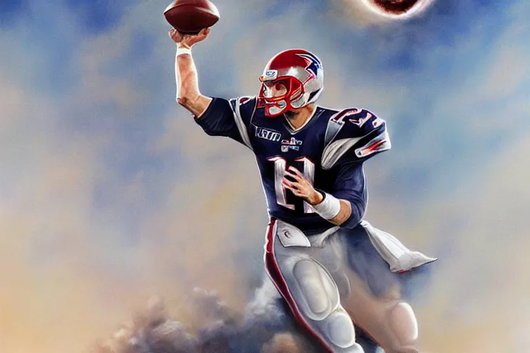 Prompt: tom brady throwing a football over the moon, by artgerm and thomas kincaid, trending on artstation
