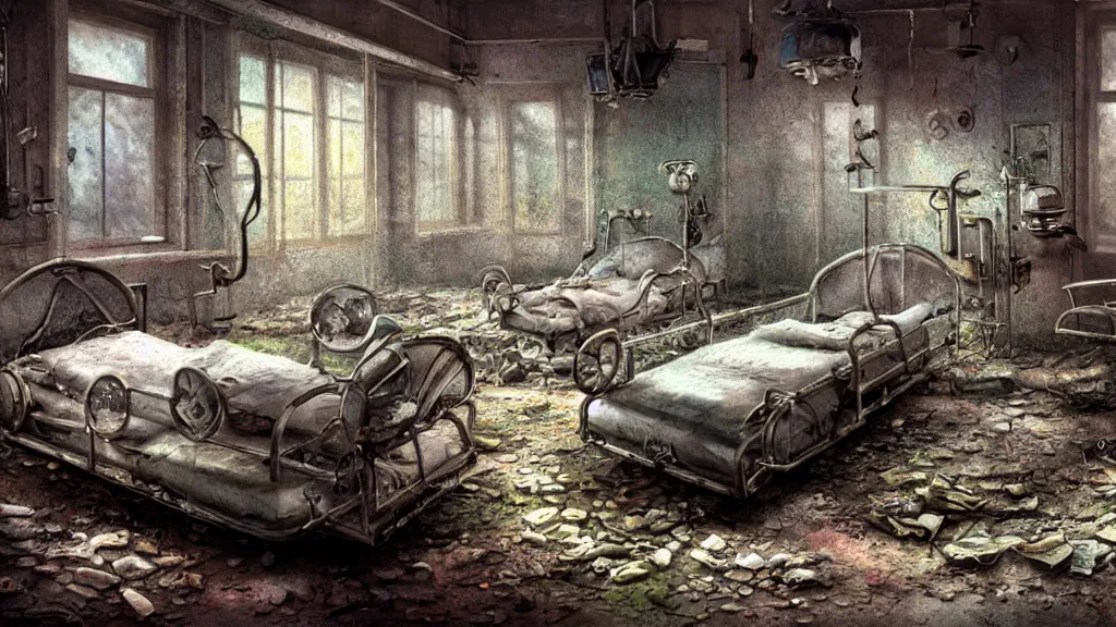 Prompt: babies inside of an iron lung in a dilapidated mental hospital, photo realistic, hyper detailed in the style of thomas kinkade and alejandro burdisio