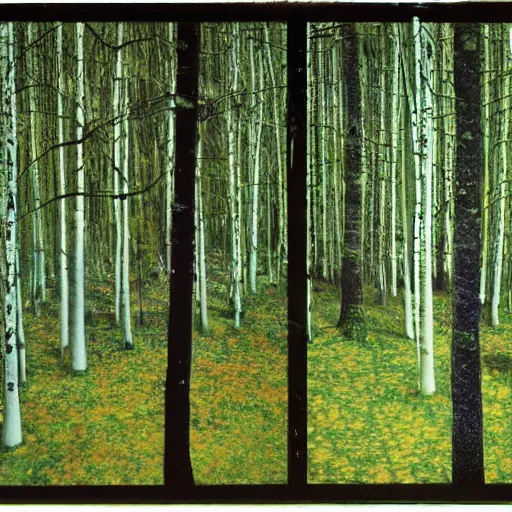 Image similar to Looking down at the forest floor at a 45 degree angle, covered in fallen leaves, A green gold forest in Japan, dark, midnight, ghostly white trees, Gustav Klimt