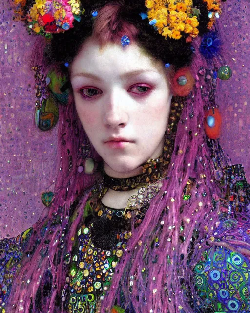 Prompt: a close up of beautiful decora cybergoth emo girl wearing a balaclava surrounded by colourful intricate patterns, by gustave klimt edgar maxence and caravaggio and michael whelan, intricate painting, hyper realistic, extremely detailed and beautiful aesthetic face, inside maximalist baroque vaporwave royalty frames