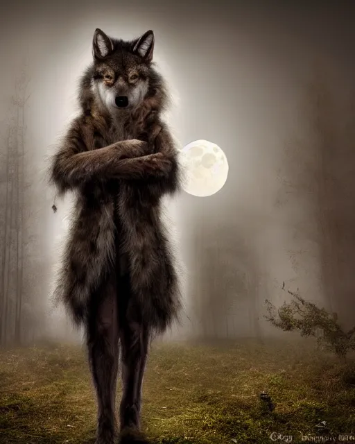 Image similar to Tall emaciated man wolf hybrid, covered in matted fur, he has yellow wolf eyes, a long bent rat like tail, long coyote like ears, and is Wearing a purple velvet cape and Top Hat, Atmospheric Full Moon, beautiful foggy Forrest, highly realistic, Rick Baker style, photoreal, photograph in the style of Annie Leibovitz, artstation