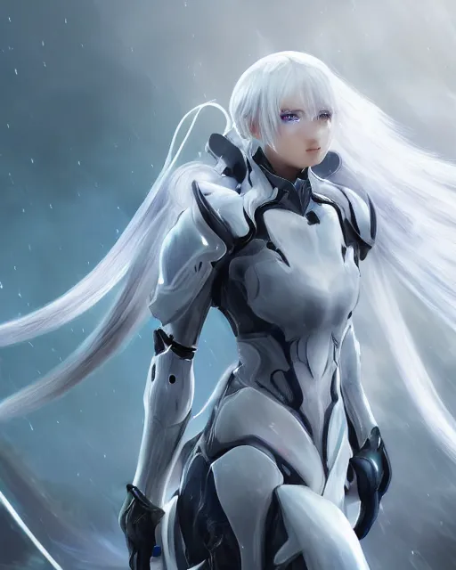 Image similar to perfect white haired girl, warframe armor, beautiful, dreamy, half asian, pretty face, blue eyes, detailed, windy weather, scifi platform, laboratory, experiment, 4 k, ultra realistic, epic lighting, cinematic, high detail, masterpiece, art by akihito tsukushi, akihiko yoshida, voidstar