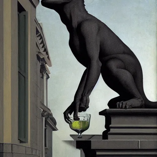 Image similar to a gargoyle offers you a drink by Raphael, Hopper, and Rene Magritte. detailed, romantic, enchanting, trending on artstation.