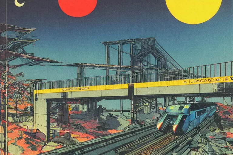 Image similar to 1 9 7 9 omni magazine cover of train bridge going above a park in iwakuni. cyberpunk style by vincent di fate