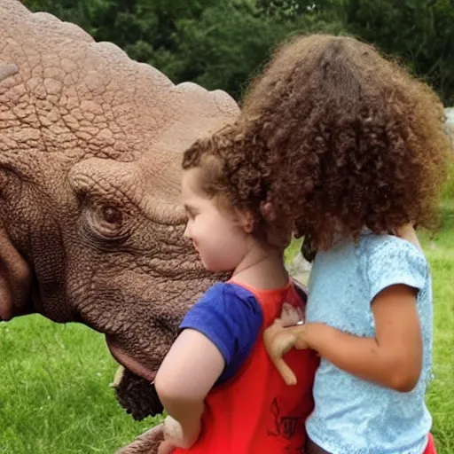Prompt: a little girl with curly brown hair meeting a triceratops