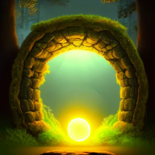 Prompt: Forest at night with a stone portal leading into a sunny world. Gloomy, forest at night. Highly detailed, trending on artstation.