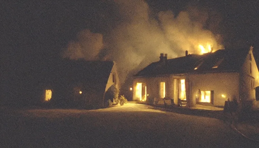 Prompt: mini dv camera found footage of a heavy burning french style little house by night in autumn, in a small northern french village, by sony mini dv camera, heavy grain, low quality, high detail, dramatic light, anamorphic, flares