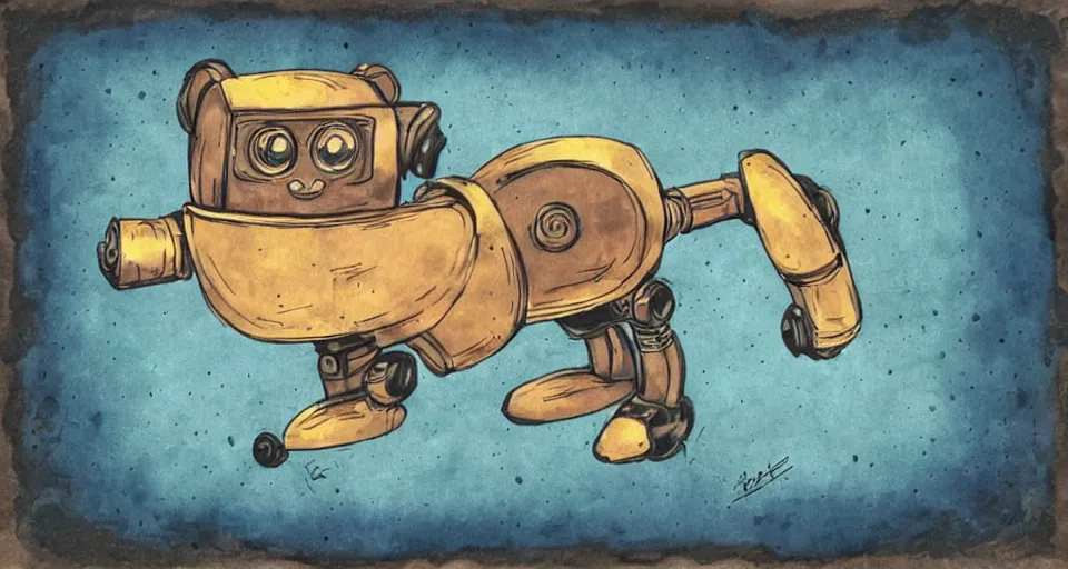 Prompt: a cute retro robot cat. alcohol inks on parchment, muted colors, detailed, textured parchment background, 1 9 5 0 s concept art
