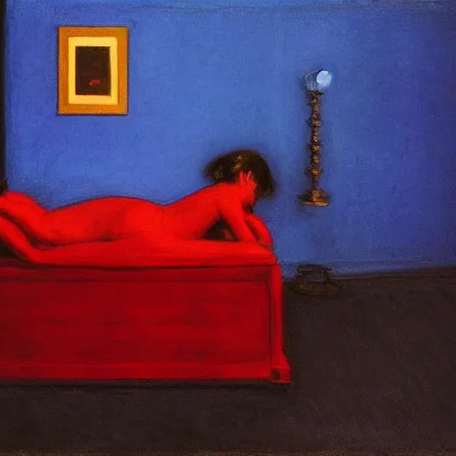 Image similar to a black and red demon lying in a blue and gold haunted liminal abandoned room, film still by edward hopper, by gottfried helnwein, by klimt, art noveau, highly detailed, strong lights, liminal, eerie, bright pastel colors,