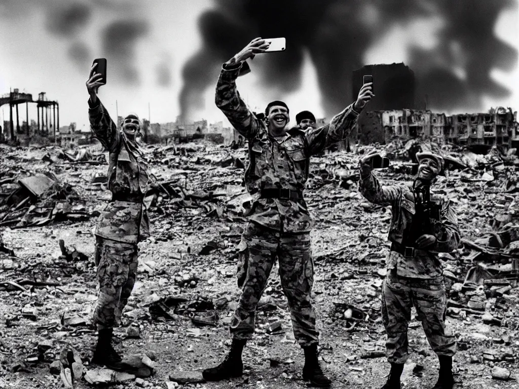 Image similar to a hysterical smiling soldier taking selfies, posing in front of bombed city, explosions in the background, close ups, war scenery, surrealism aesthetic, 9 0 s tv, noise