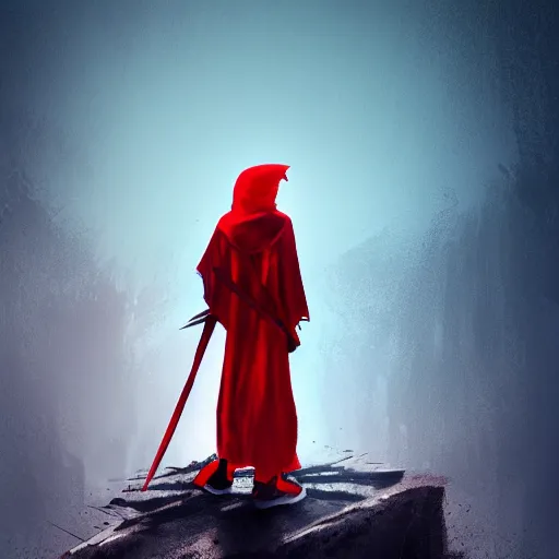 Prompt: view from the back warrior holding two swords, full body worn out damaged cape, red hoodie, worn out clothes, floating spiral sand, concept art, volumetric light, full body shot, 8K, trending on artstation