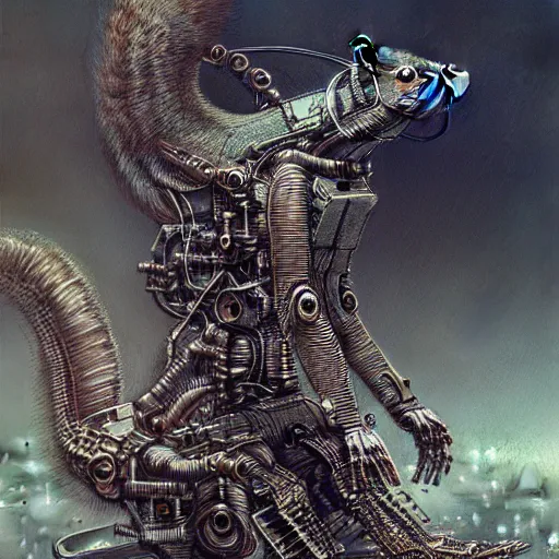 Prompt: a highly detailed long shot photo, cyberpunk mechanical squirrel, by ayami kojima, beksinski, giger, intricate, digital painting, artstation, intricate, concept art, smooth, sharp focus, illustration