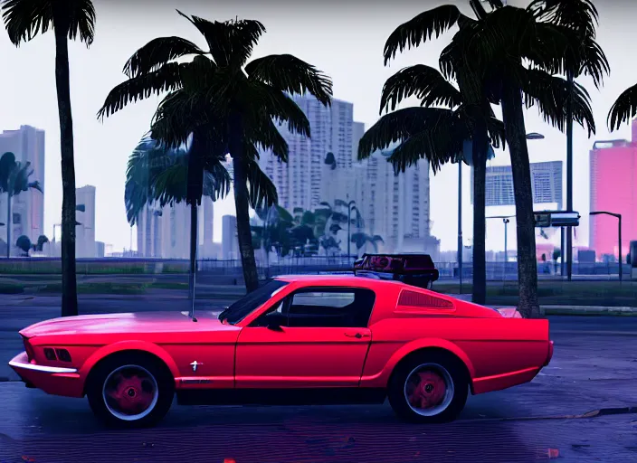 Image similar to still next - gen ps 5 game grand theft auto 6 2 0 2 4 remaster, graphics mods, rain, red sunset, people, rtx reflections, gta vi, miami, palms and miami buildings, photorealistic screenshot, unreal engine, 4 k, 5 0 mm bokeh, close - up ford mustang, gta vice city remastered, artstation