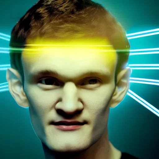 Image similar to vitalik buterin displayed as jesus, halo above his head and angel wings. neon glow around him. colors blue and yellow