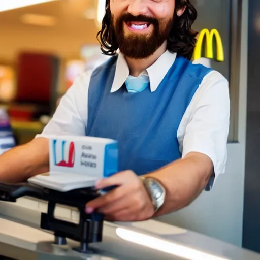 Image similar to closeup portait of jesus working as a cashier at macdonalds