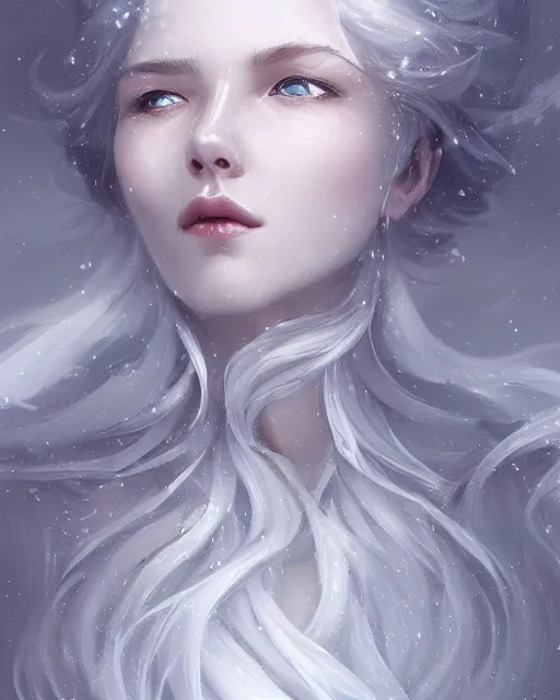 Image similar to portrait of a beautiful snow goddess, flowy white grey hair, grey eyes, winter, frozen, snow, cinematic lighting, highly detailed, digital painting, trending on artstation, pixiv, concept art, sharp focus, illustration, art by ross tran and wlop