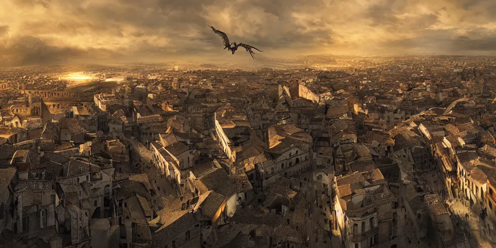 Image similar to the monumental city of caceres with smaug flying over it, dramatic lighting, cinematic, extremly high detail, photorealistic, cinematic lighting, post processed, concept art, artstation, matte painting, style by greg rutkowsky