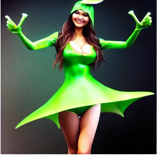 Prompt: granny smith apple costume worn by victoria justice, by artgerm, wlop. vastly enriched image quality. lucidly vivid. iridescentally detailed. extremely elegant and beautiful.