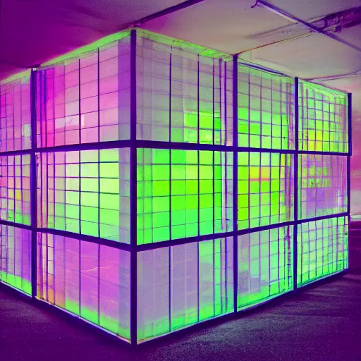 Image similar to a pastel coloured Polaroid photo of a large cube made of transparent neon perspex, each pane is a different colour stood in a field, beams of light, nostalgic