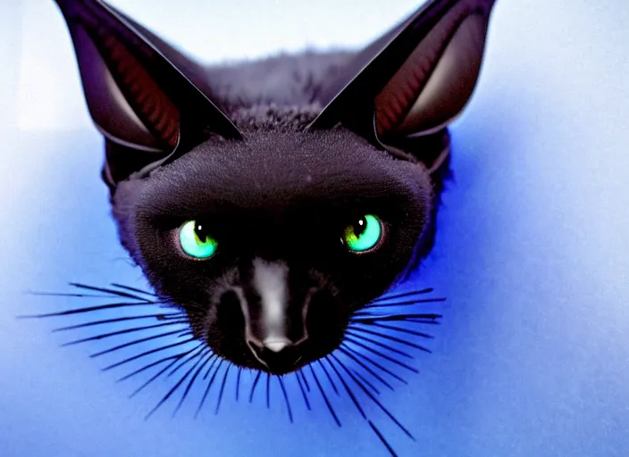 Image similar to a blue - and - black male catbat fursona with blue / green heterochromatic eyes ( differently - colored eyes, one eye green, one eye blue ) and huge bat ears, photo of the catbat streaming on his computer