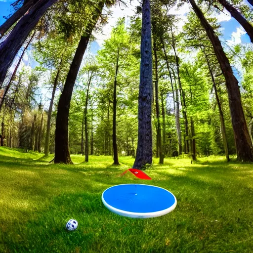 Image similar to disc golf hole in one, fisheye lens, 8k