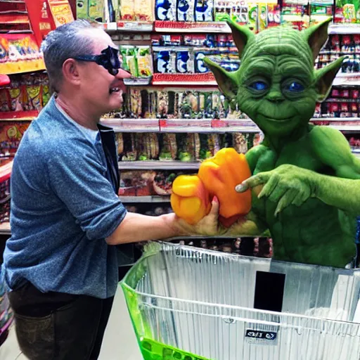 Image similar to a mix between Hulk and Yoda and Dobby and gollum buying groceries in a seven eleven, center frame medium shot, shot on technicolor cinemascope 35mm anamorphic lense, flare