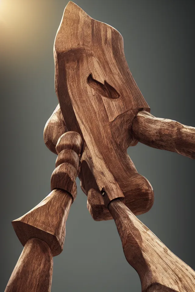 Prompt: photorealist detailled beautiful octane render portrait of a heavy wooden creature made of wood holding a shiny metallic axe, bokeh, soft focus, f 1. 8, unreal engine, particles, raytracing