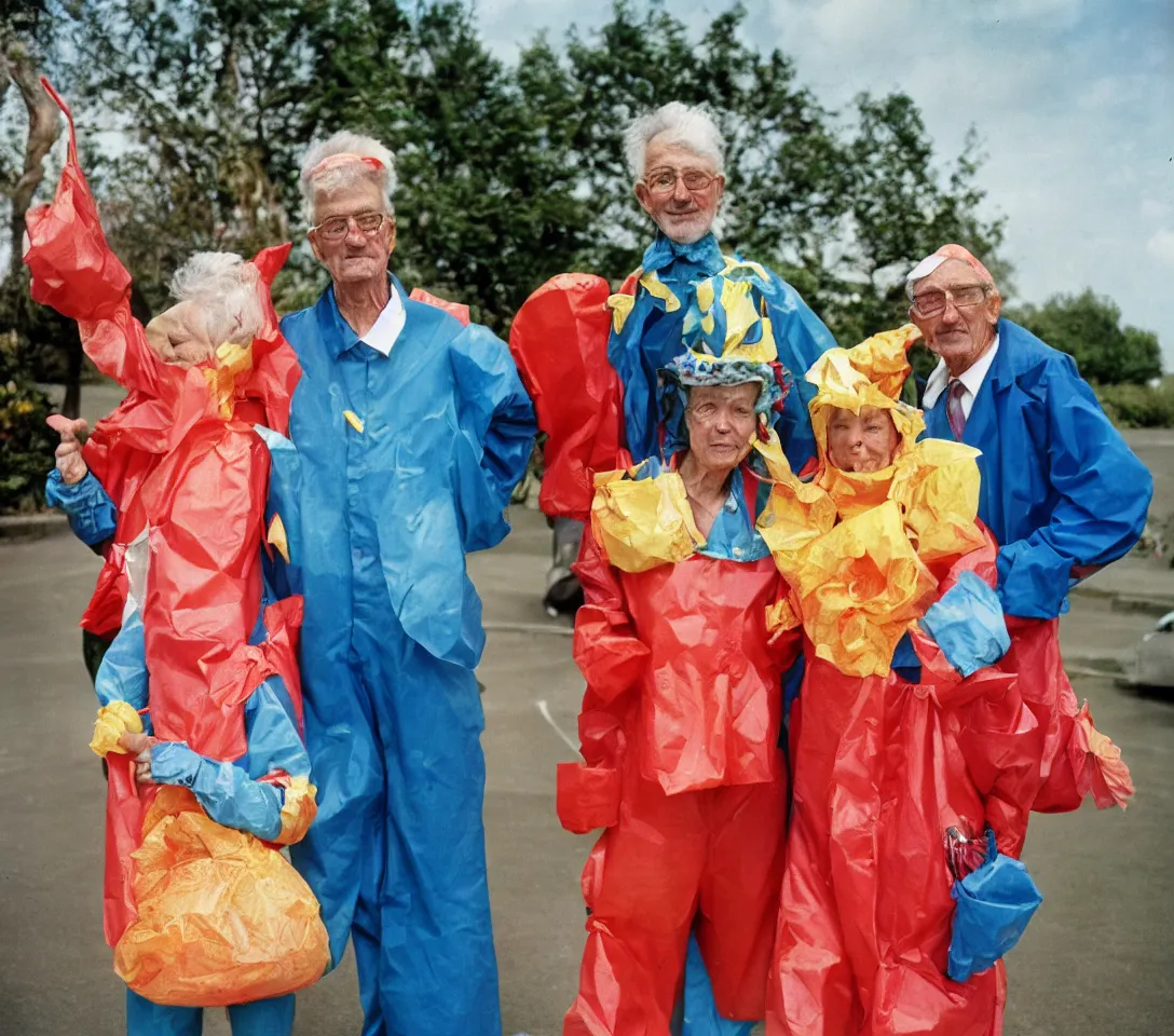 Image similar to a martin parr photo of a grandpa couple, wearing weird trash costumes, fujifilm velvia 5 0