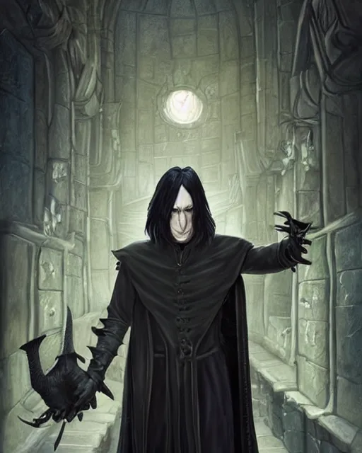 Image similar to An epic fantasy comic book style portrait painting of a very imposing Industrial goth Trent Reznor as Severus Snape at Hogwarts, character design by Mark Ryden and Pixar and Hayao Miyazaki, unreal 5, DAZ, hyperrealistic, octane render, cosplay, RPG portrait, dynamic lighting, intricate detail, cinematic