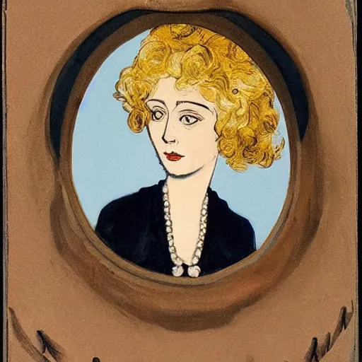 Prompt: A beautiful portrait of a young woman, pictured from the shoulders up, wearing a pearl necklace and earrings. She has blonde hair that is styled in loose curls, and she is looking to the side with a soft expression. firebrick by Craola, by Erich Heckel, by Kate Greenaway