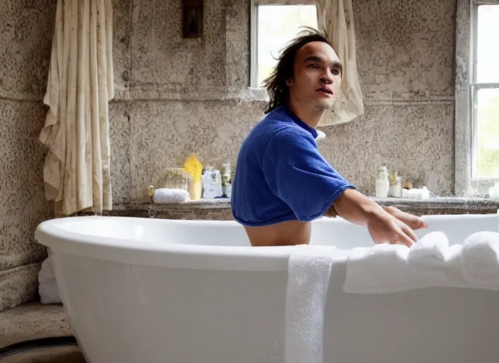 Prompt: frank dillane taking a bubble bath in an old clawfoot bathtub, bubbles!!, shy, awkward, cute, shower cap, rubber ducky, union jack towel, detailed, masterpiece