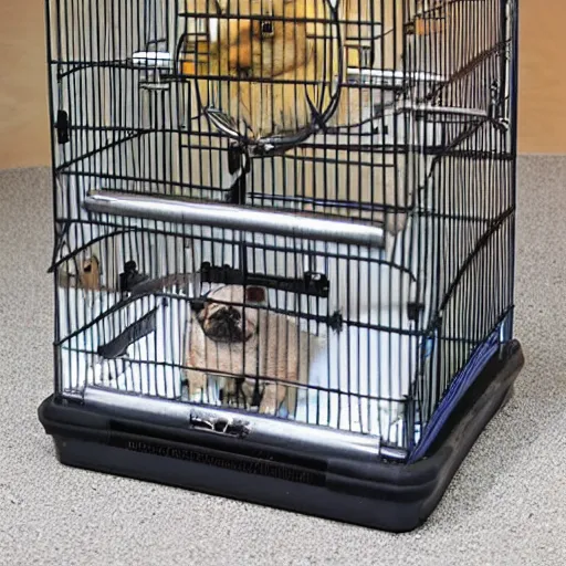 Image similar to a hamster cage with a pug gerbil hybrid inside by the wheel