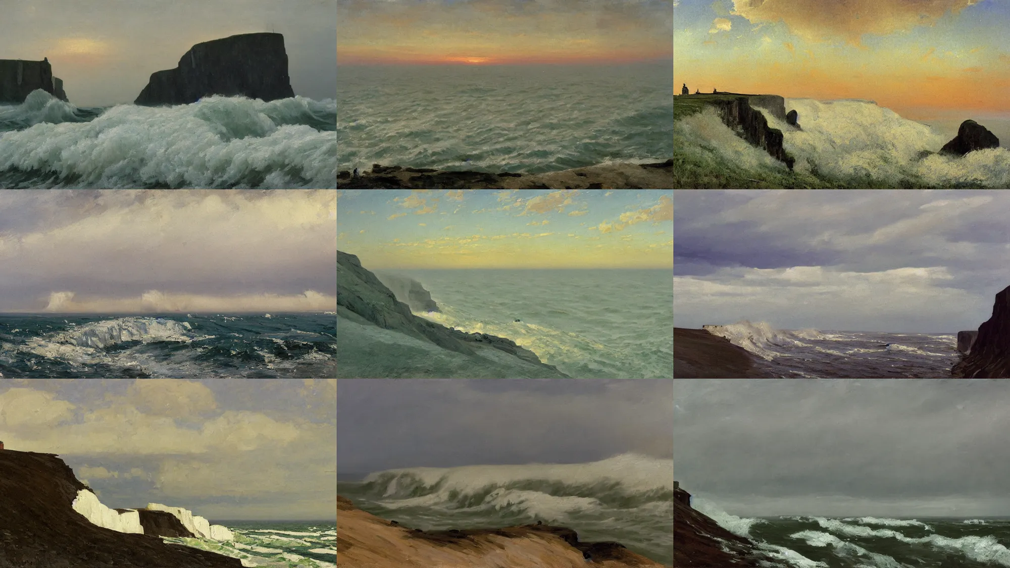 Prompt: painting in the style of Isaac Levitan, Savrasov, Arkhip Kuindzhi and Frederick Judd Waugh, T Allen Lawson and Ian Fisher and Sidney Richard Percy, sea storm and big waves under high cliffs, white cliffs of Dover, coast, strong wind, faroe, road to the small village at sunset sunrise, foggy day, low clouds after rain, wet grass and black stones, dream heavenly cloudy sky, horzon, hurricane stromy clouds, volumetric lighting, very beautiful scenery, pastel colors, ultra view angle view