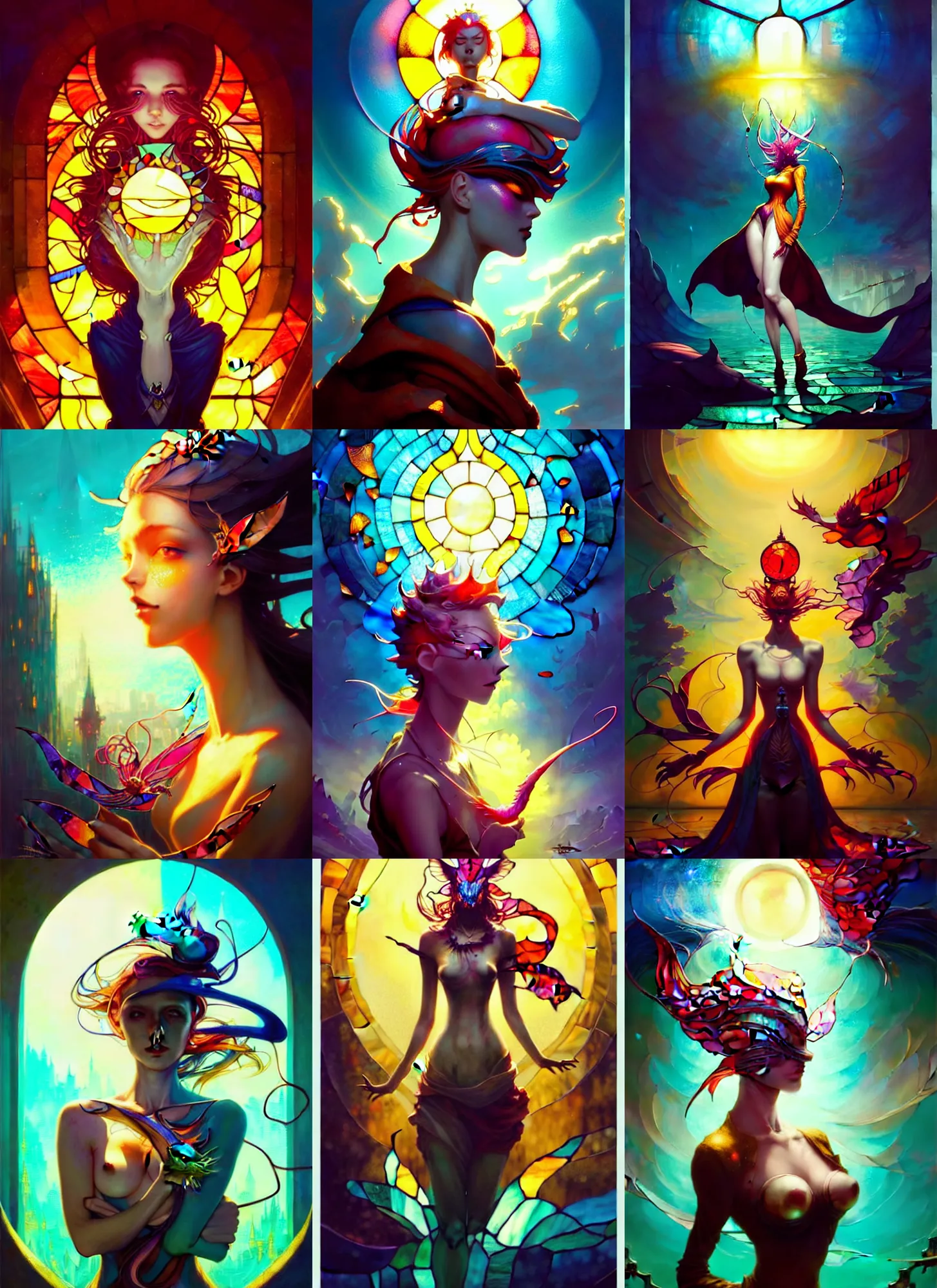 Prompt: a beautiful and cute and aesthetic girl in the city made of stained glass, model pose, bright color, sun shining through, sharp focus, highly detailed face, specular reflection, art by anato finnstark and lecouffe deharme and pete mohrbacher and quentin mabille and frank moth, fantasy illustration, epic light novel cover art