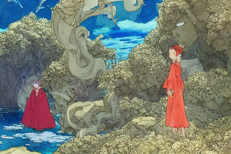 Image similar to a hyperrealist studio ghibli watercolor fantasy concept art. in the foreground is a lost princess in a red dress. in the background is stonehenge. the scene is underwater on the sea floor. by rebecca guay, michael kaluta, charles vess