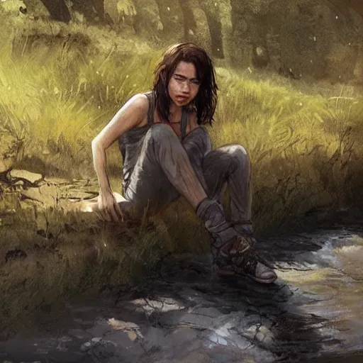 Image similar to clementine from the walking dead the last season sitting next to a river by greg rutkowski