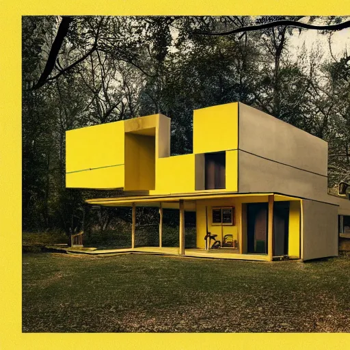 Prompt: architecture ad for a mid-century modern house in the middle of the wood designed by Salvador Dali. grain, cinematic, colorized, yellow hue.