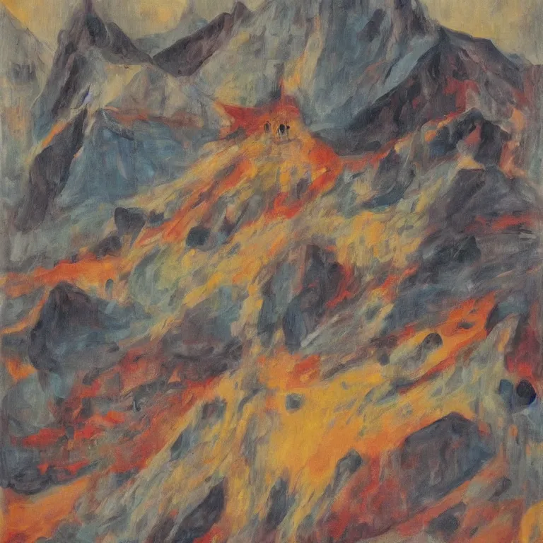 Image similar to Abstract artwork that illustrate the mood and intensity of 'In the Hall of the Mountain King' by Edvard Grieg