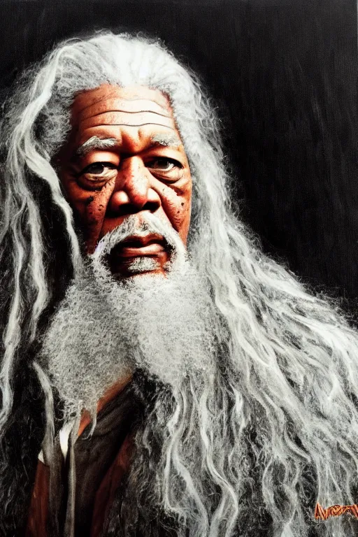 Image similar to morgan freeman starring as gandalf in lord of the rings, oil on canvas, intricate, 8 k highly professionally detailed, hdr, cgsociety