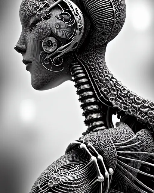 Image similar to mythical black and white organic bio-mechanical spinal ribbed profile face portrait detail of silver mechanical beautiful female angelic-vegetal-cyborg, highly detailed, intricate steampunk ornate, poetic, 3D render, digital art, octane render, 8K artistic photography, photo-realistic, by Dora Maar