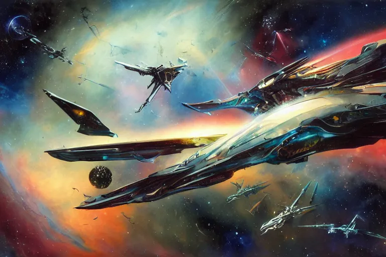 Prompt: gnostic space nebula with debris by raymond swanland, framing a pteranodon pterosaur mecha battlecruiser, with white kanji insignias, sleek, white john berkey panels, wine red trim, Ralph mcquarrie insets. spines and towers, rows of windows lit internally, sensor array, blazing engines, robotech styling, boeing concept art, cinematic lighting by liam wong