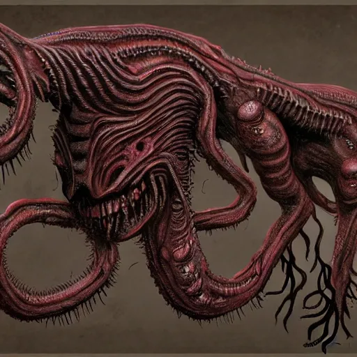 Prompt: eldritch horror, creature made from bloody flesh and rotting tumors, in the style of h. r. giger, best of artstation, intricate, detailed